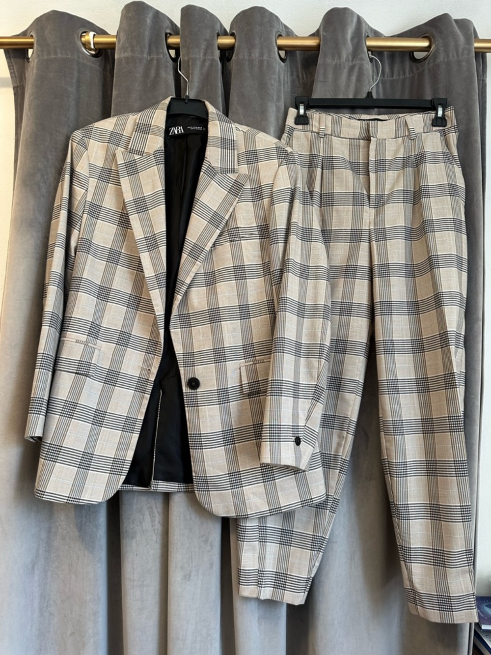 Zara Plaid Blazer and Pleated Trousers in Beige and Black